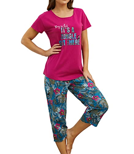 PNAEONG Women Pajama Set Sleepwear Tops with Capri Pants Casual and Fun Prints Pajama Sets Jungle 3XL
