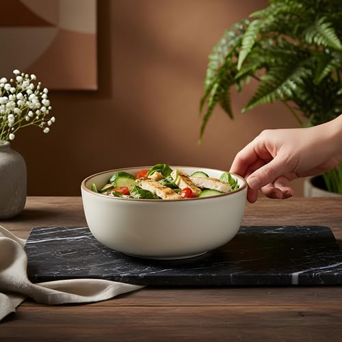 Image of miah decor Ceramic Serving Bowl | Speckled Ivory Rustic Stoneware Style Bowl for Rice, Curry, Gravy & Salad | Deep Multipurpose Serving Dish for Parties & Family Meals (STYEL 4)