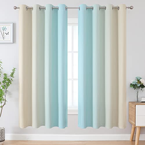 Image of Estelar Textiler Full Room Darkening Gradient Blackout Curtains 72 Inch Length 2 Panels Set, Ombre Aqua and Beige Thermal Insulated Full Light Blocking Grommet Blackout Drapes for Bedroom, 52Wx72L
