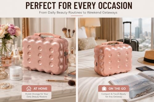 Image of BLUE BEADS Travel Makeup Case with Lock & Luggage Strap, ABS Hard Shell Cosmetic Vanity Case, Portable Makeup Organizer for Women, Beauty Storage Box for Makeup & Toiletries (Rose Gold, Model 2)