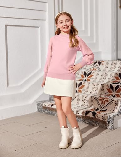 Image of Arshiner Girls Puff Long Sleeve Sweaters Crewneck Lace Polka Dot Casual Knit Tops Pullover Jumper Outwear for Kids