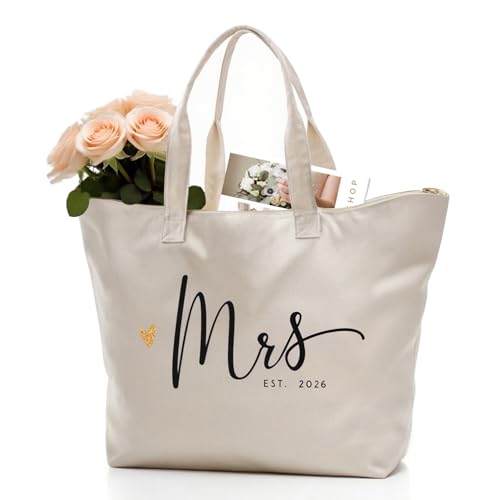 CARAKNOTS Mrs. Bag 2024 Future Mrs Bride Gifts for Wedding Engagement Bachelorette Party Honeymoon Bridal Shower Gifts for Bride to Be Tote Canvas Cotton Beach Shoulder Bag with Zipper and Pocket