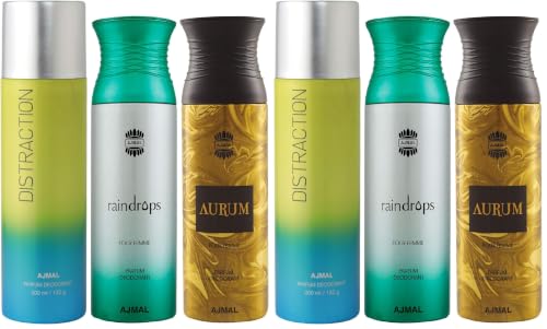 Image of Ajmal 1 Distraction for Men & Women, 1 Raindrops Femme for Women and 1 Aurum Femme for Women, Deodorants each 200ML Combo pack of 6 (Total 600ML)