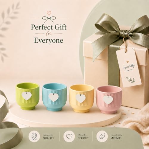 Image of Xtore Charming Pastel Ceramic Planter Set of 4 with Hanging Heart Accent | Ribbed Textured Indoor Pots for Succulents, Desk, Shelf & Home Decor (Pack of 4, Planters only)