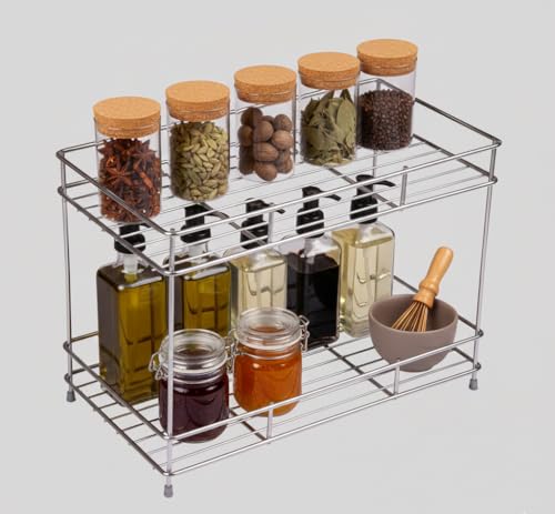 Image of Kitchen Organizer Rack Stainless Steel 2 Tier Kitchen Shelf Organizer for Countertop Storage Spice Stand Multipurpose Rack for Kitchen Storage Shelf Stand for Home and Office Use