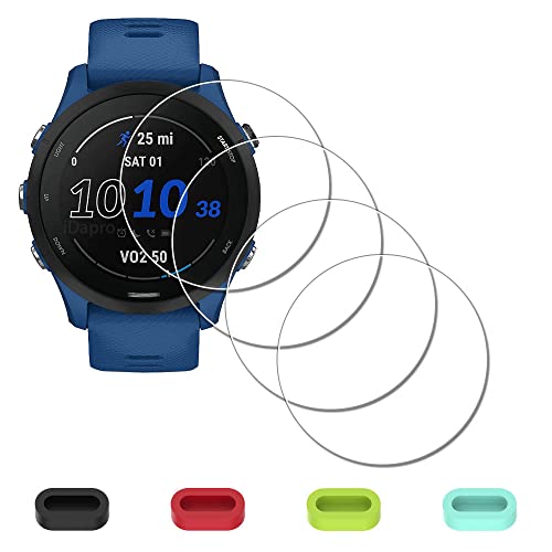 iDaPro para Protector de Pantalla para Garmin Forerunner 255/255 Music 46mm+Tapones de Silicona Antipolvo[4+4 piezas], Cristal Templado accesorios Screen Protector,Dureza 9H,Antiburbujas,Antihuellas