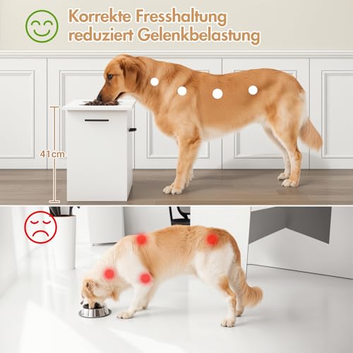 Hundenapf Erhöht Große Hunde, Weißer Futterschrank mit 2 Edelstahlnäpfen, Futterstation Hund mit Stauraum und 3 Griffen, Erhöhter Futternapf Hund, Hundebar Mittelgroße Hunde, 60x30x41cm