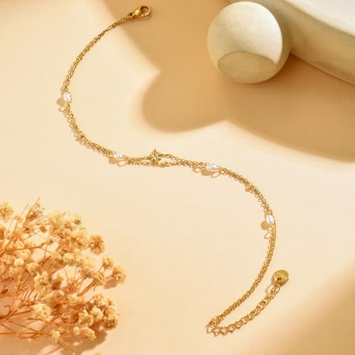 Image of NONAMOIS Ankle Bracelets for Women Dainty 18K Gold Plated Anklet Waterproof Round Beaded Paperclip Herringbone Pearl Chain Anklets Waterproof Beach Foot Jewelry