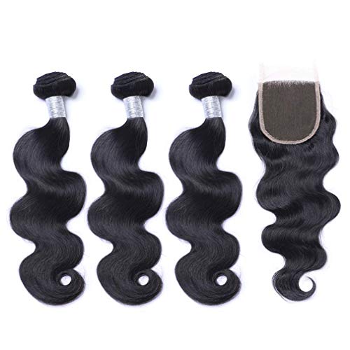 Cute Fairy Brazilian Virgin Body Wave 3 Bundles with Closure 8A 100% Unprocessed Virgin Body Wave Human Hair Weave Weft Extensions with 4x4 Lace Closure Natural Color 141618+12 Free Part