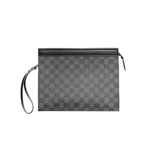 Mens Large Clutch Bag Black Leather Purse Handbag with Wrist Strap