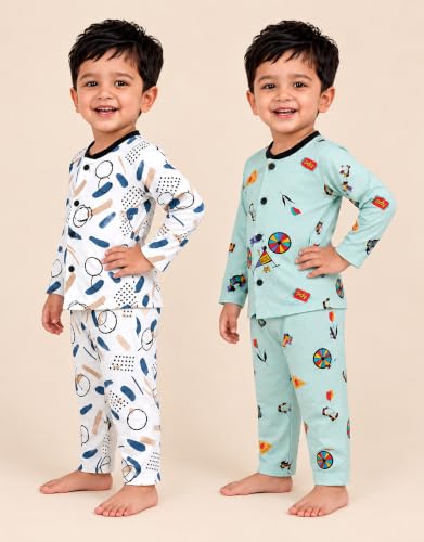 Image of 3BROS Kids Pure Cotton Night Suit Set | Boys Girls Printed Sleepwear Shirt & Pajama Clothing Combo | Soft Breathable Night Dress Outfit | Pack of 2