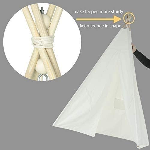 Close-up image showing how to tie the pine wood poles together at the top of the teepee for stability, with an arrow indicating how to keep the teepee in shape.
