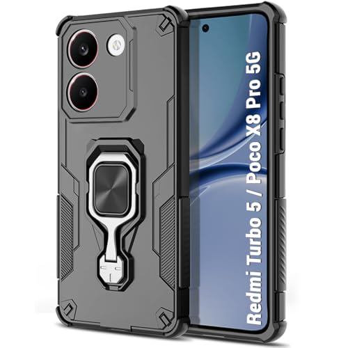 Image of TheGiftKart Tough Armor Bumper Back Case Cover for Mi Redmi Turbo 5 5G / Poco X8 Pro 5G | Ring Holder & Kickstand in-Built | 360 Degree Protection Back Case Cover (PC & TPU, Black)