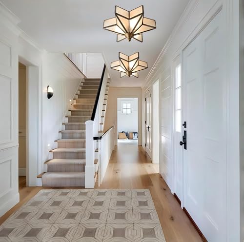 Image of LIGHTLAND 11.8 Inch Flush Mount Star Ceiling Light, 3 Lights Brass Ceiling Lamp with Glass Lampshade, Art Deco Close to Ceiling Light Fixtures for Entryway Hallway Porch, Bronze Color