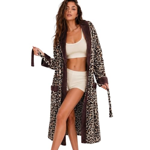 U2SKIIN Womens Leopard Print Fleece Robe Long Plush Flannel Bathrobe with Pockets Cozy Shawl Collar Housecoat Warm Loungewear for Winter Sleepwear (Black Leopard-Yellow S/M)