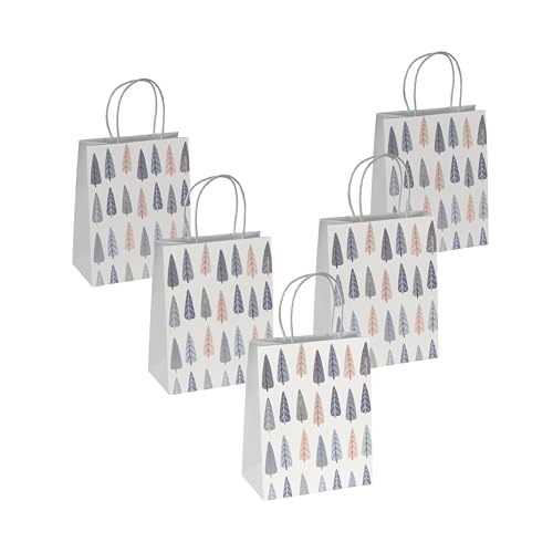 Sigel GT122/5 mittelgroße Premium Geschenktüten aus Papier, 5er Set, weiß/blau/gold, mit Papierkordelgriffen, 18 x 23 x 10 cm, Pine trees, Papier-Geschenktaschen Weihnachten