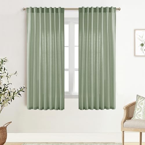 Image of XTMYI Sage Green Sheer Curtains 63 Inch Length for Living Room,Boho Rod Pocket Light Filtering Linen Semi Transparent Bedroom Curtains Drapes 63 Inches Long 2 Panels Set for Bathroom Window Kitchen