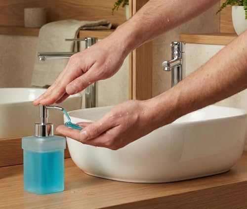 Image of Luxury Frosted Glass Soap Dispenser with Chrome Pump | Square Modern Design | Refillable Hand Lotion & Liquid Soap for Bathroom & Kitchen Countertop