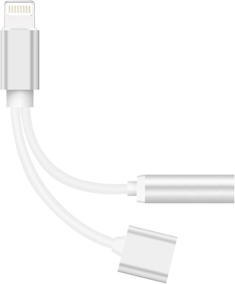 SWEET-590 2 in 1 Lightning Adapter for iPhone 7, iPhone Splitter,2-Port Lightning Headphone Audio and Charger Adapter for iPhone 8/8 Plus7/7 Plus/6s/6s/6s Plus and More (Silver)