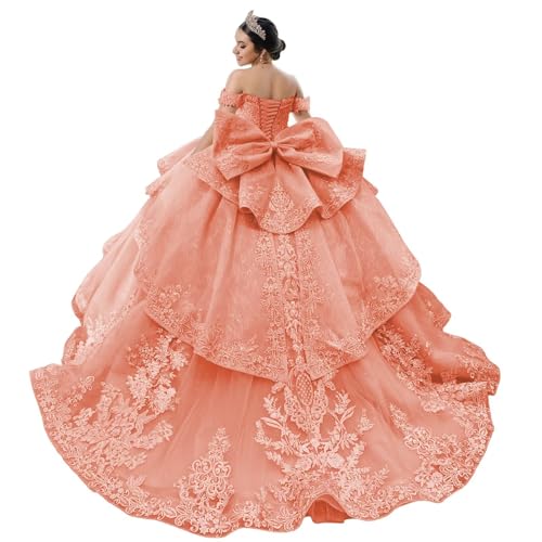 Mouccy Puffy Beaded Quinceanera Dresses Coral Lace 15th Gown