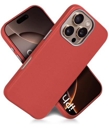Image of WOW IMAGINE Back Cover for iPhone 16 Pro | Shockproof Tough Leather Texture Hard Mobile Case | Ultra Slim Non-Slip Grip | Inner Velvet Fabric | Metal Camera Ring - Crimson Red