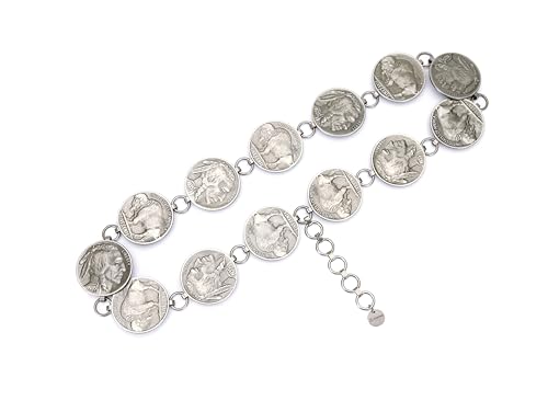 M CNBOME Women's Antique Silver Western Cowboy Carved Round Buckle Chain Belt Adjustable Metal Belt (XLarge)2