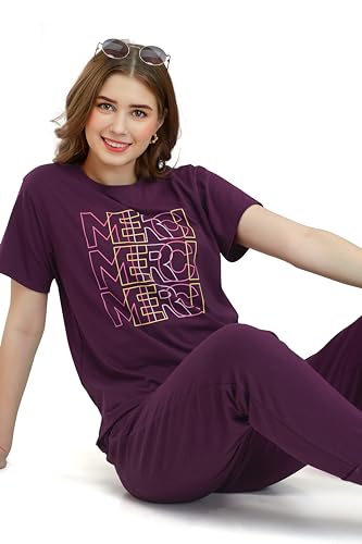 Image of ZEYO - Women's Cotton Typography Printed Night Suit Set of Top & Pajama Set