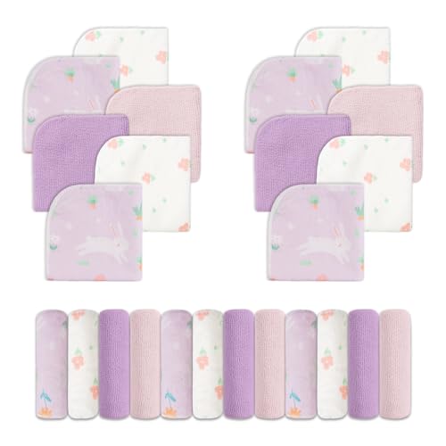 Image of Viviland Baby Washcloths, Super Soft Baby Bath Towels for Newborn 24 Pack, Absorbent Face & Body Wash Cloth for Baby Girl, Purple-Rabbit Pattern, 9 x 9 inch