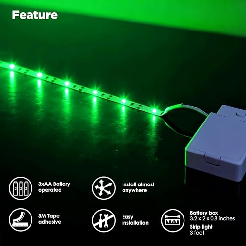 Image of BestLuz Battery Powered LED Strip Lights 2X 3.33ft Flexible Green Light Strip for Bedroom Room Decor, Lighting for Cabinet Shelf Closet TV Backlight