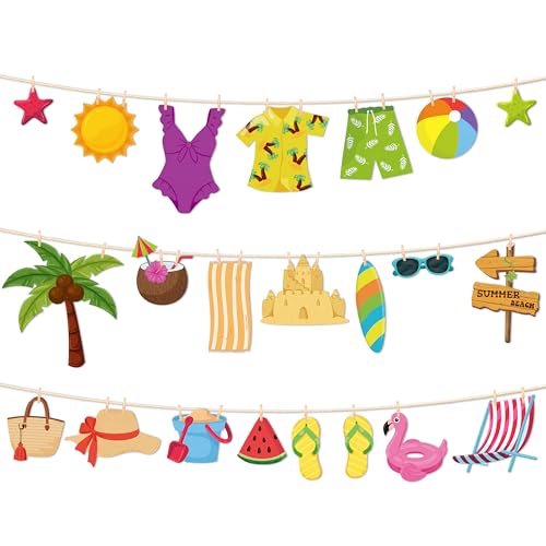 AsodSway Summer Beach Clothesline Banners - 48Pcs Tropical Miniature Felt Beach Themed Banners with Wooden Clips Palm Tree Garland Wall Hanging Decoration for Hawaiian Luau Pool Party Patio Decor