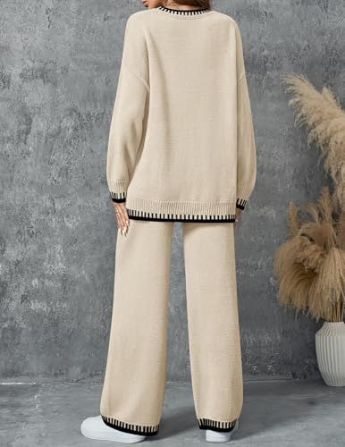 ZESICA Womens Casual 2 Piece Outfits Sweater Sets Long Sleeve Pullover Tops Wide Leg Pants Lounge Set3