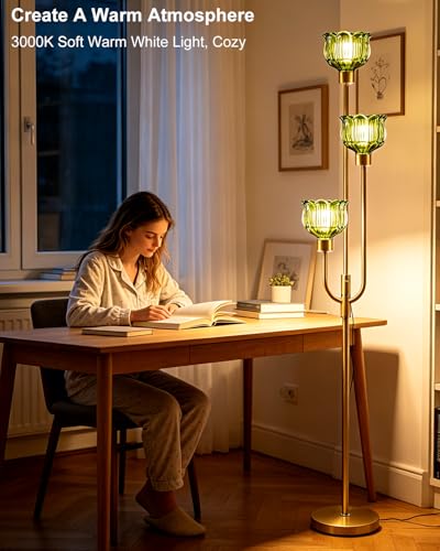 Image of Lightdot 3-Lights Modern Glass Floor Lamp 66IN Gold Dimmable Floor Lamps with 3000K Warm White Bulbs for Wedding Party Tall Standing Lamp with Green Glass Shade for Living Room /Bedroom /Home Decor