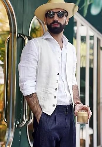 Mens Linen Suit Vest Summer Beach Wedding Waistcoat Lightweight Casual Dress Vest for Men3