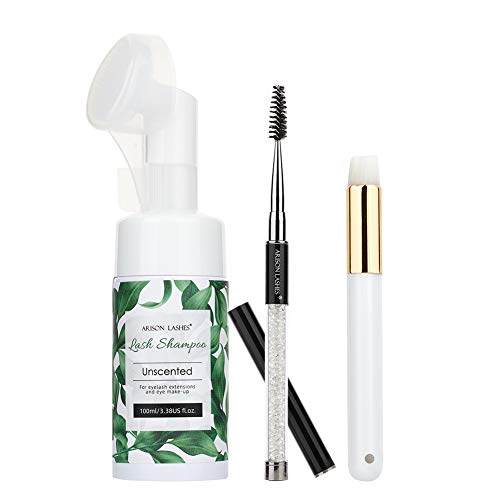 Eyelash Extension Shampoo + Brush / 100ml / Eyelid Foaming Cleanser/Wash for Extensions and Natural Lashes/Paraben & Sulfate Free Safe Makeup & Mascara Remover/Professional & Self Uses