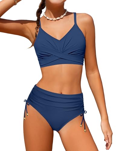 Image of Teen Girls Swimsuits V-Neck Bikini Set Bathing Suits Cross Straps Two Piece Swimwear with Drawstring