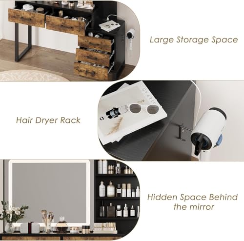 Makeup Vanity Desk with Sliding Mirror and Lights, Large Dressing Table with Charging Station, 3 Lighting Modes, 5 Large Drawers and 3 Tiers of Open Shelves for Bedroom, Dark Brown