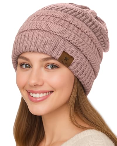 Durio Womens Knit Beanie Winter Thick Solid Fleece Lined Beanie Hats for Women Warm Slouchy Beanies Skiing Snowboarding Pink One Size