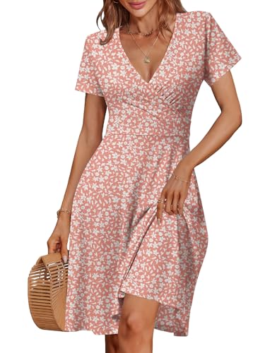 Image of MSBASIC Womens Summer Wrap V Neck Casual Dresses Floral Short Sleeve A-Line Midi Sundress