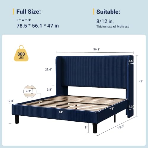 Image of Allewie Full Size Platform Bed with Corduroy Wingback Headboard, Blue