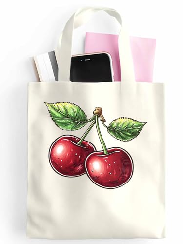 Canvas Tote Bags,Grocery Shopping Cloth Bag Pastoral Red Cherry Reusable Shoulder Bags Tote Bag for Travel Work Gym2