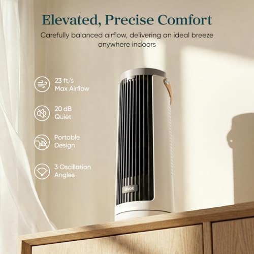 Levoit Mini Tower Fan for Bedroom, Quiet Cooling Desk Fan with Upgraded DC Motor, 20dB Ultra Silent, Portable Small Standing Fan with 5 Speeds, Multi‑Angle Oscillation, Remote & 12H Timer, Windi