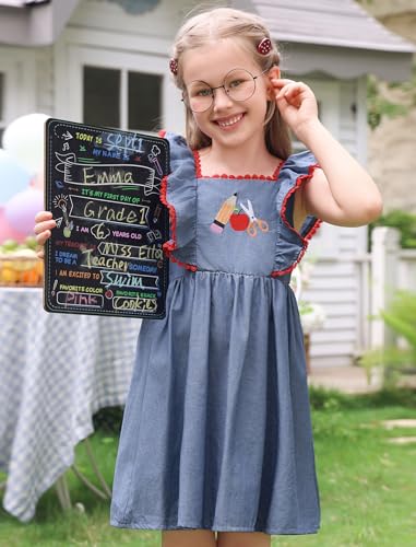 ODOLDI Kids Girls Back to School Dress Denim Style Flutter Sleeve Square Neck Embroidered Ruffle Dress3