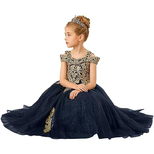 Formal Girls Tulle Long Pageant Dresses Prom Ball Gown Gold Lace Beaded3