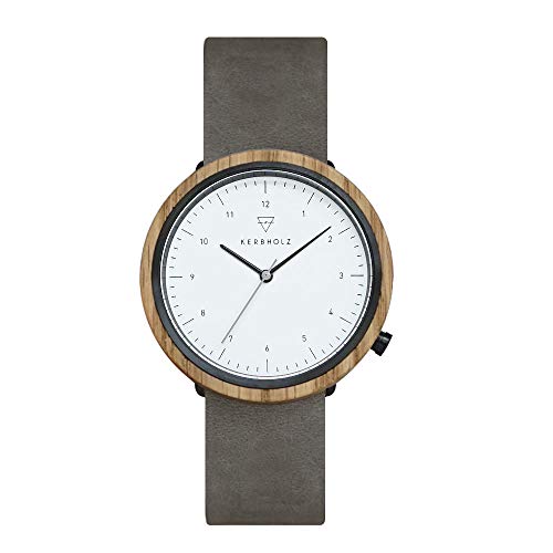 Preisvergleich Produktbild KERBHOLZ Holzuhr Masterpieces Collection Heinrich analoge Unisex Quarz Uhr, Naturholz Gehäuse, echtes Lederarmband, Ø 40mm, Eiche Grau