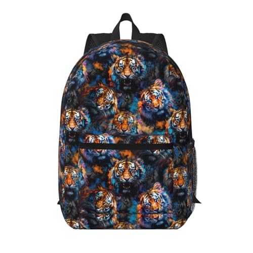 Colorful Tiger Fashionable Daypack 17 Inches Zippers Backpack Double Shoulder Bag for Women Men