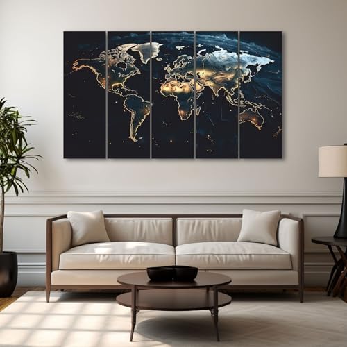 Image of The Castle Decor World Map Painting With Frame 5 Big Size Multiple Frames Wall Art Painting for Living Room,bedroom,drawing Room,hotels-wooden Framed-digital Painting (27x48 inch, Multicolour3)