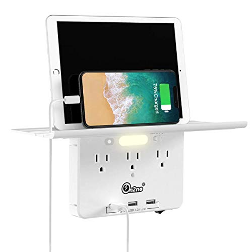 Socket Outlet Shelf -ON2NO Wall Outlet Extender with All Around Built-in Shelf, Multi Plug Outlet Surge Protector with Smart Night Light, 3 USB Charging Ports, 3AC Power Outlet Splitter