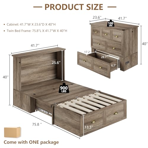 Image of AMERLIFE Twin Size Murphy Bed, Farmhouse Wooden Cabinet with Charging Station and Storage Drawer for Bedroom /Office /Guest Room, Grey Oak
