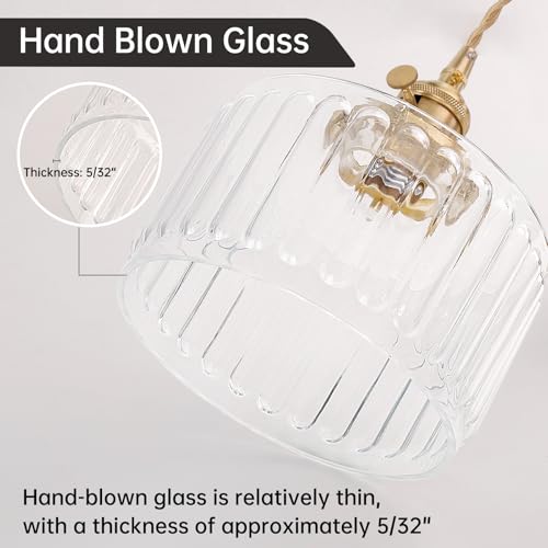 Image of Shenmoyl Plug in Pendant Light Hanging Light Fixtures with Plugin Cord On /Off Switch,Clear Striped Glass Lampshade Brass Pendant Light
