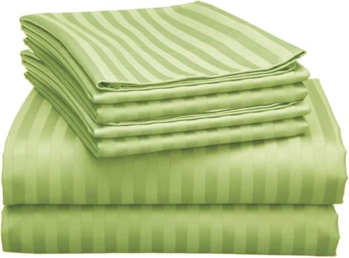 Image of Cott Linen Flat Bed Sheet with 2 Pillow Covers 600 Thread Count 100% Egyptian Cotton Bedsheet Double Size Sage Stripe Sheet